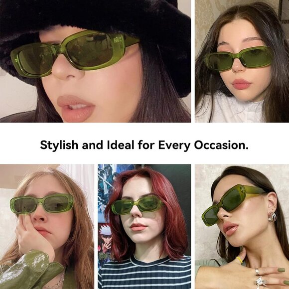 Trendy Rectangle Green Sunglasses Women Men Retro Square Fashion Shades - Picture 4 of 5